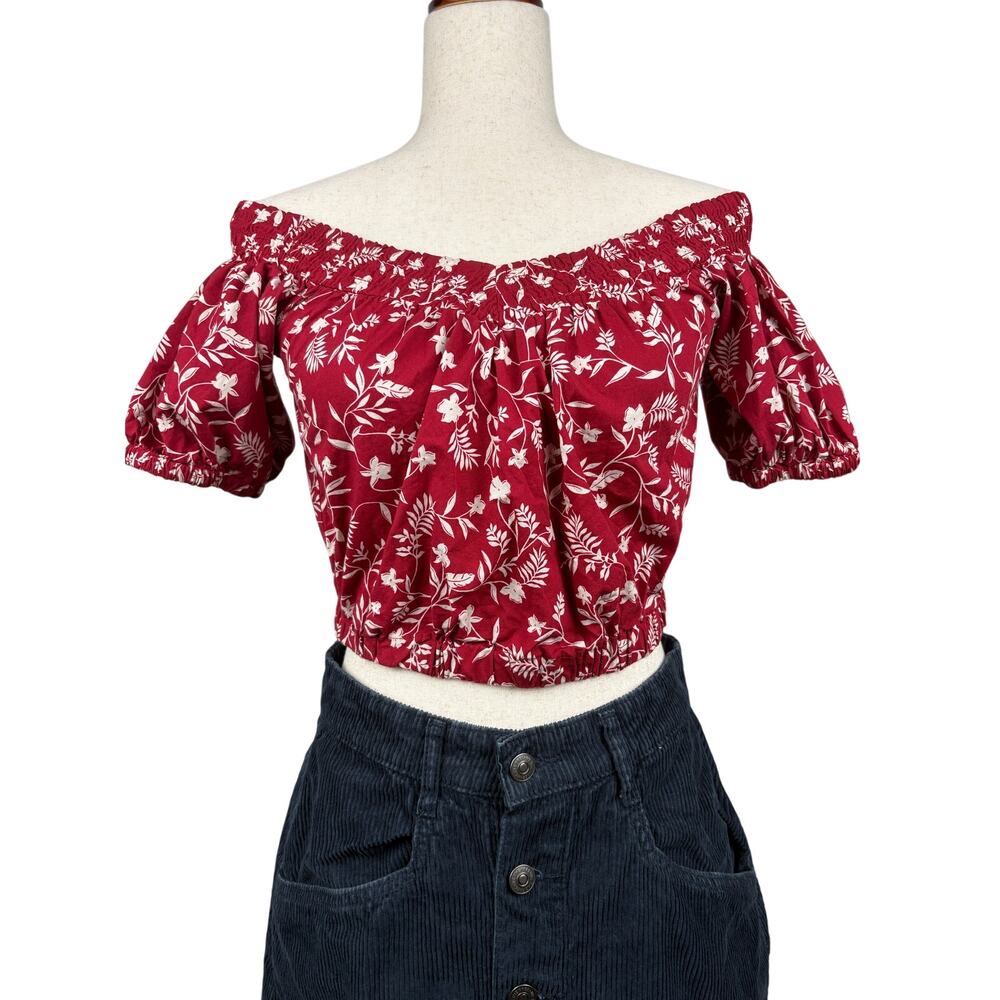 Bar III Red Floral Off Shoulder Crop Top Size M Boho Puff Sleeve
